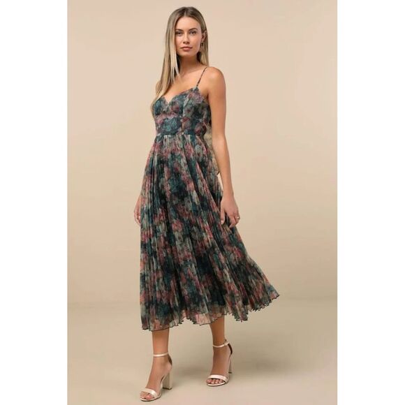 Lulu's Dresses & Skirts - Lulu's Floral Pleated Midi Dress in Forest Green & Dusty Rose